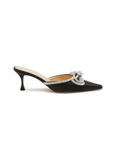 Shop Mach & Mach Crystal Double Bow Point Toe Satin Mules In Black
