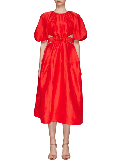 Shop Aje 'mimosa' Cutout Detail Silk Linen Puff Sleeve Midi Dress In Red