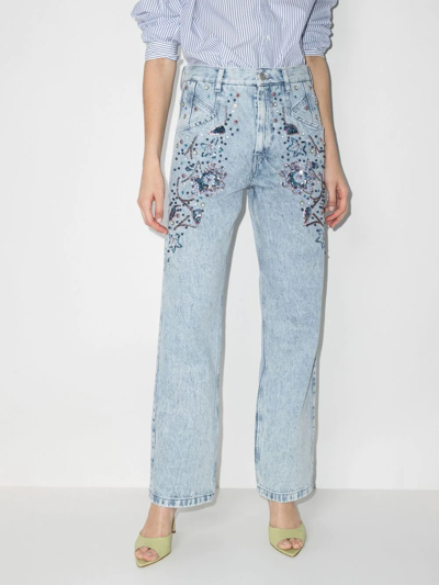 Shop Isabel Marant Floral-embroidered Straight-leg Jeans In Blau