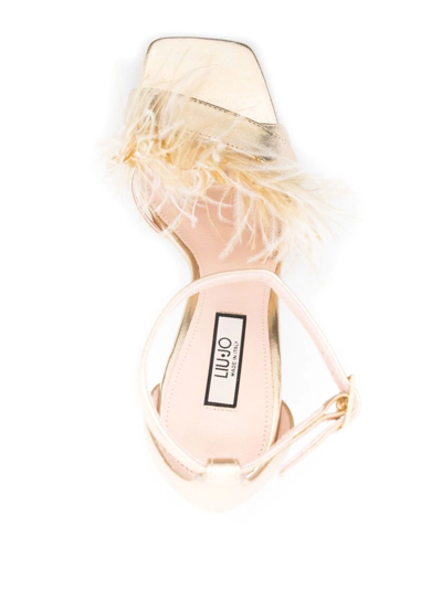 LIU •JO FEATHER-DETAIL HEELED SANDALS 