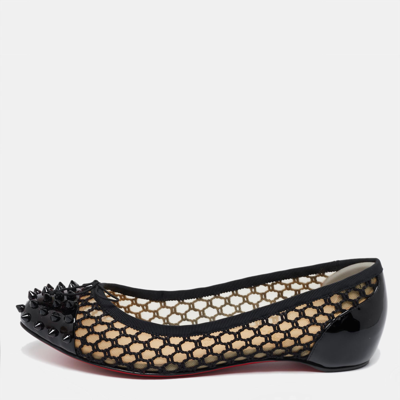 Pre-owned Christian Louboutin Black Embroidered Mesh And Spiked Patent Leather Ballet Flats Size 38