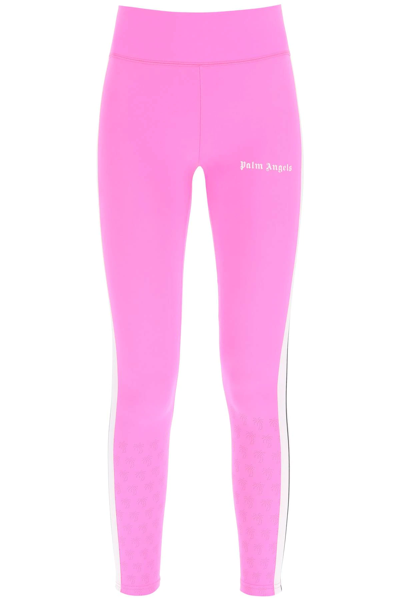 Shop Palm Angels Track Leggings With Logo And Side Bands In Fuchsia