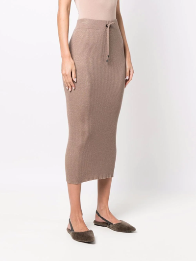 Shop Brunello Cucinelli Ribbed-knit Midi Skirt In Brown