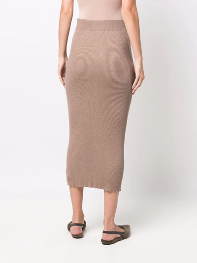 Shop Brunello Cucinelli Ribbed-knit Midi Skirt In Brown