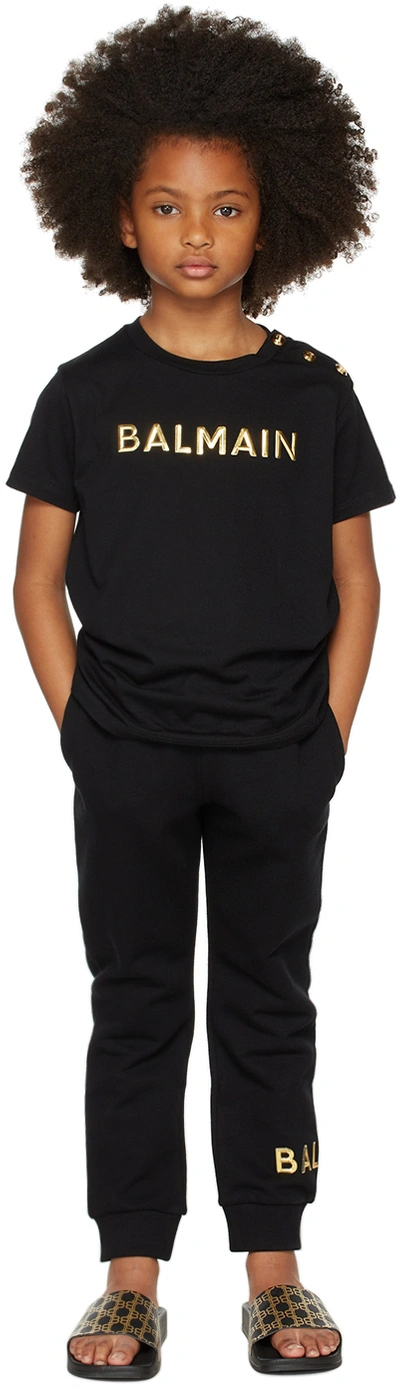 Shop Balmain Kids Black Logo Button T-shirt In 930or Black