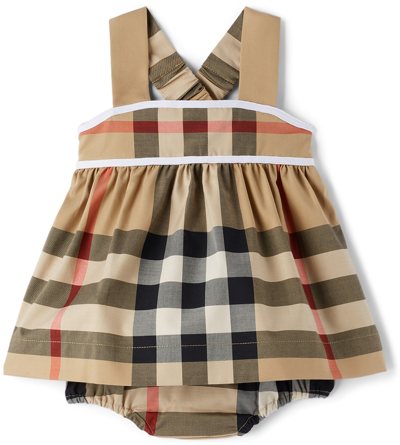 Shop Burberry Baby Beige Check Dress In Archive Beige Ip Chk