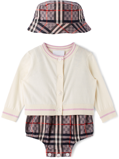 Shop Burberry Baby Pink Chequerboard Three-piece Bodysuit Set In Pale Rose Ip Check