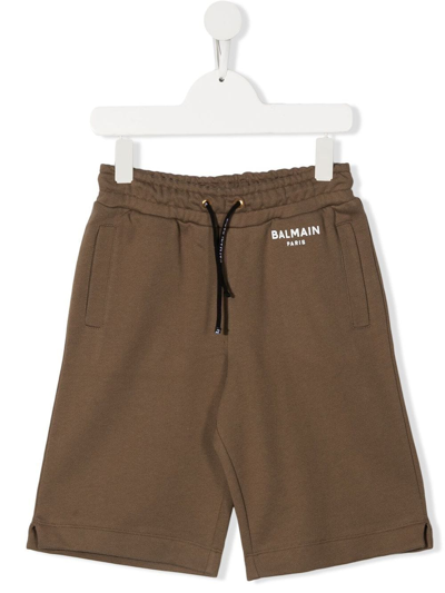 Balmain Logo Print Track Shorts In Brown