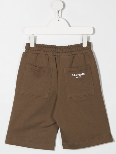 Shop Balmain Logo Print Track Shorts In Brown
