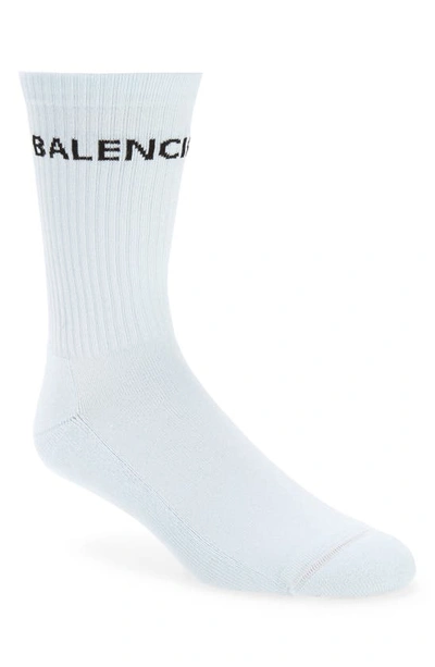 Shop Balenciaga Logo Crew Socks In Light Blue/ Black