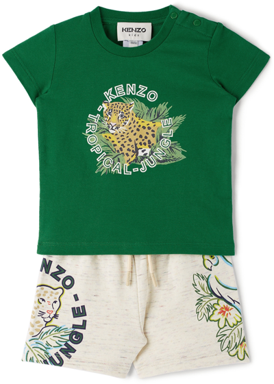 Shop Kenzo Baby Green & Beige T-shirt & Shorts Set In 719 Green
