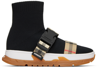 Shop Burberry Kids Black Buckled Strap Sock Sneakers