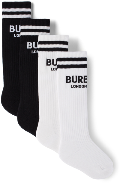 Shop Burberry Kids Two-pack Black & White Intarsia Logo Socks In Monochrome
