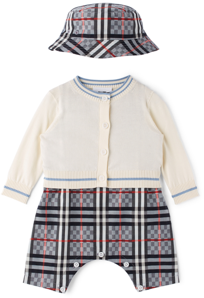Shop Burberry Baby Grey Chequerboard Three-piece Bodysuit Set In Pale Blue Ip Check