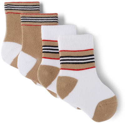 Shop Burberry Baby Two-pack Beige & White Icon Stripe Socks In White / Beige