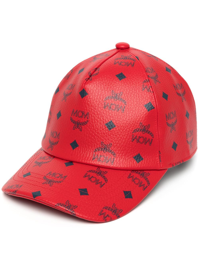 Mcm Visetos Monogram Leather Baseball Cap In Candy Red | ModeSens