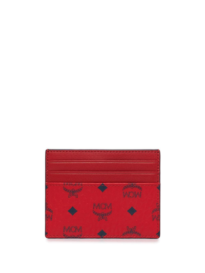 Mcm Mini Visetos Canvas Card Case With Money Clip In Candy Red