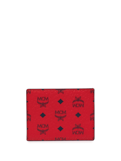 Mcm Mini Visetos Canvas Card Case With Money Clip In Candy Red