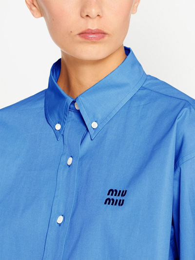 Shop Miu Miu Embroidered Logo Cropped Shirt In Blue