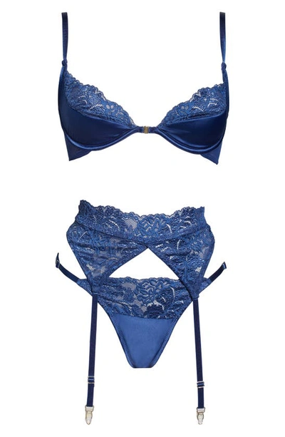 Shop Coquette Underwire Bra, Garter Belt & Thong Set In Navy