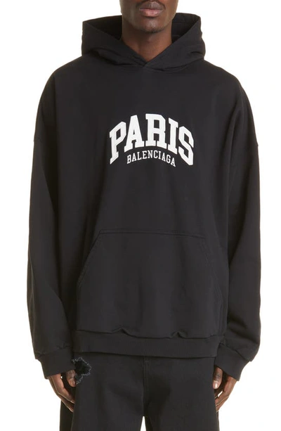 Shop Balenciaga Paris Oversize Embroidered Cotton Logo Hoodie In Black / White