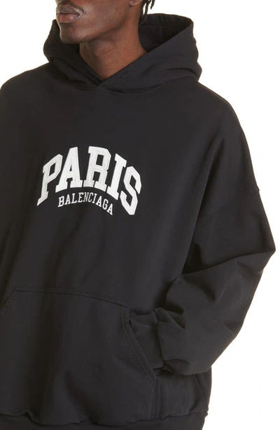 Shop Balenciaga Paris Oversize Embroidered Cotton Logo Hoodie In Black / White