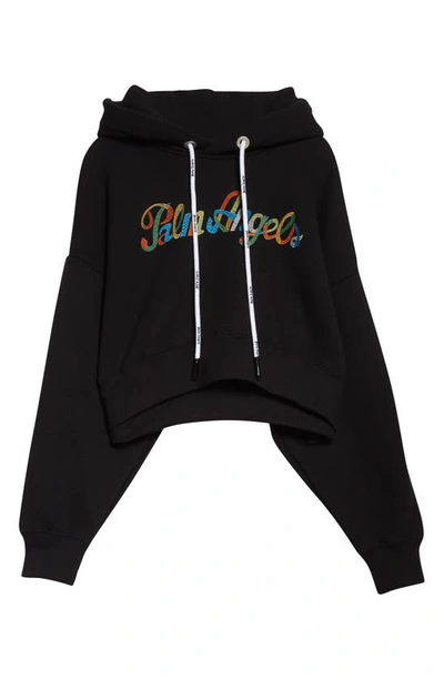 Shop Palm Angels Embroidered Rainbow Crop Cotton Logo Hoodie In Black Multicolor