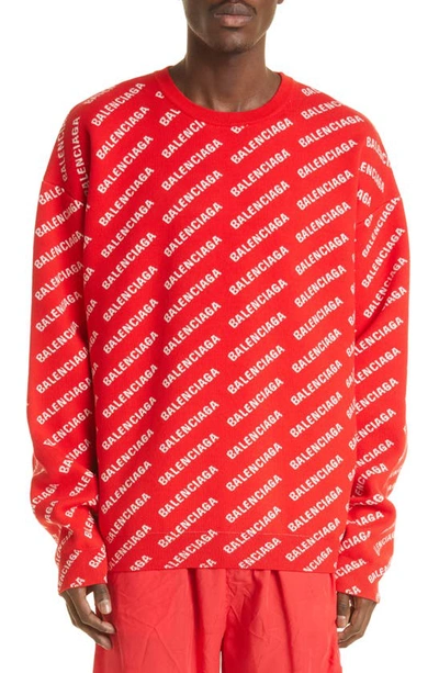 Shop Balenciaga Logo Jacquard Sweater In Red / White