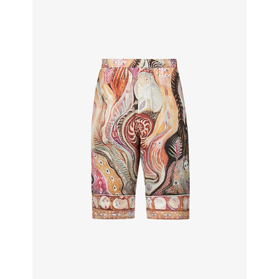 Shop Endless Joy Graphic-print Relaxed-fit High-rise Silk Board Shorts In Multi