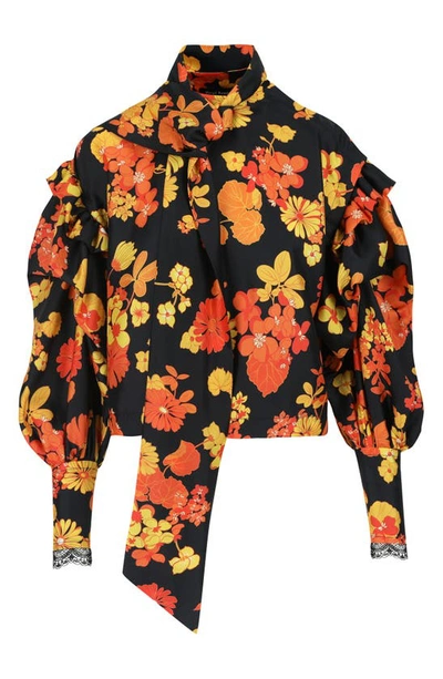 Shop Meryll Rogge Floral Print Puff Sleeve Convertible Silk Blouse In Orange Multi