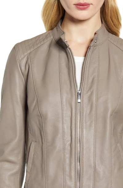 Shop Cole Haan Leather Moto Jacket In Cement