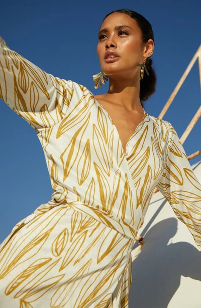Shop Diarrablu Maya Exaggerated Long Sleeve Fiore Print Jacquard Wrap Dress In Gold