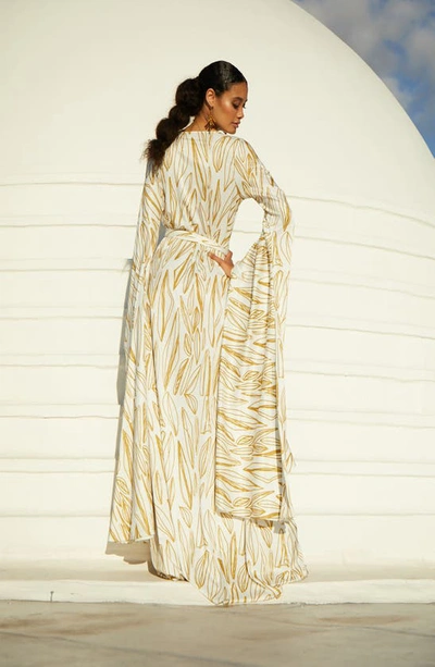 Shop Diarrablu Maya Exaggerated Long Sleeve Fiore Print Jacquard Wrap Dress In Gold