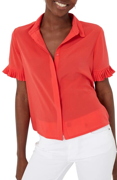 Shop French Connection Frill Sleeve Crepe Button-up Shirt In Hibiscus