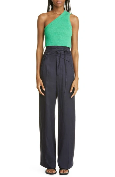 Jacquemus Ascu Cropped Open-back One-shoulder Ribbed Linen-blend Top In  Green | ModeSens