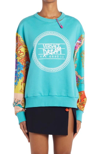 Shop Versace Dream Via Gesù Logo Mixed Media Sweatshirt In Turquoise