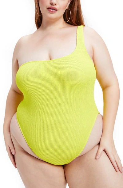 Shop Good American Always Fits One-shoulder One-piece Swimsuit In Electric Yellow