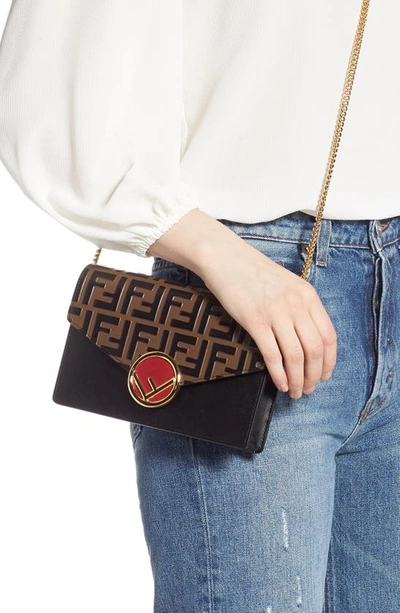 Shop Fendi Logo Calfskin Leather Wallet On A Chain In Maya/ Nero