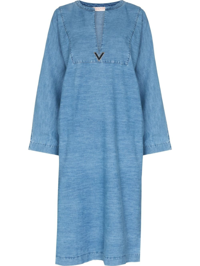Shop Valentino V-logo Denim Kaftan Dress In Blue