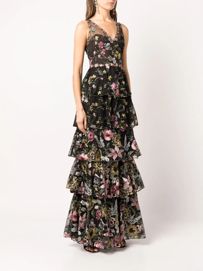 Shop Marchesa Notte Floral-embroidered Sleeveless Gown In Black