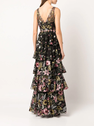 Shop Marchesa Notte Floral-embroidered Sleeveless Gown In Black