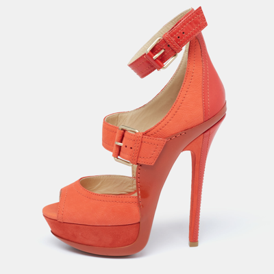 Pre-owned Jimmy Choo Orange Leather And Nubuck Platform Peep Toe Sandals Size 38