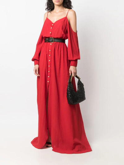 Shop Balmain Cold-shoulder Cotton Long Dress In Red