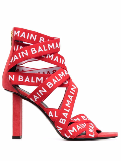 Balmain Red Union Sandals With Print In Mbc Rouge Blanc | ModeSens