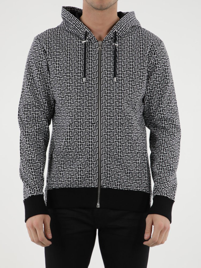 Shop Balmain Monogram Printed Zipped Hoodie In Multi