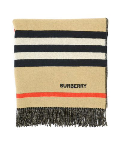 Shop Burberry Logo Embroidered Striped Fringed Scarf In Multi