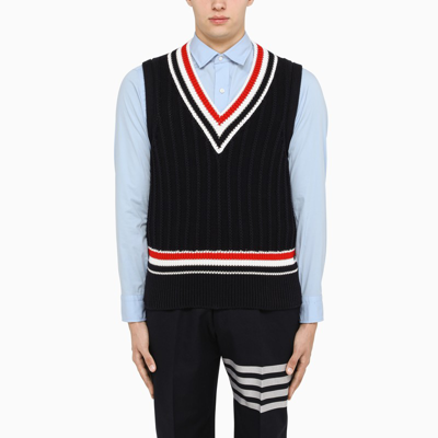 Shop Thom Browne Navy Knitted Vest With Stripes In Blue