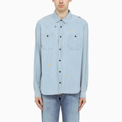 Shop President's Denim Shirt With Floral Embroidery In Light Blue