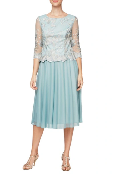 Shop Alex Evenings Illusion Sleeve Embroidered Midi Dress In Ice Sage
