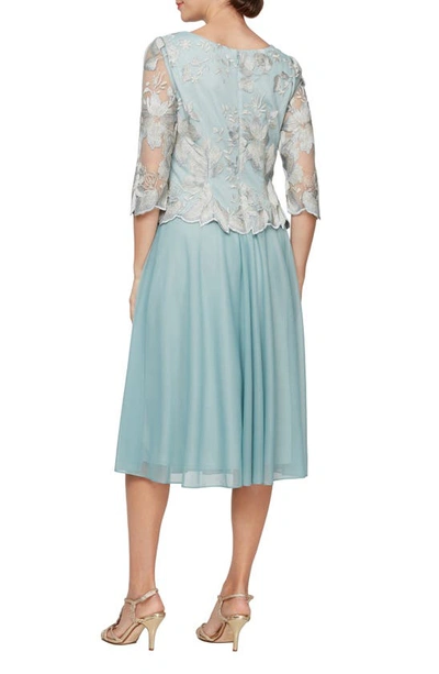 Shop Alex Evenings Illusion Sleeve Embroidered Midi Dress In Ice Sage